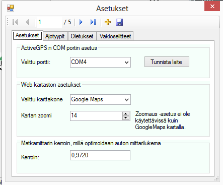 ActiveGPS Ajopäiväkirja Käyttäjän käsikirja Sivu 12 ( 13) Asetukset Asetukset ikkunassa määritellään muutamia perusasioita. 1. Ensimmäisenä on portti, minne ActiveGPS on kytketty.