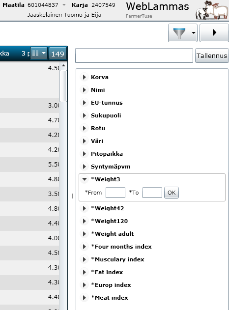 Näytä filtterit Tallentaa suodattimen Nimeä suodatin Lukujoukon määritys Lista saraketiedoista Pic.