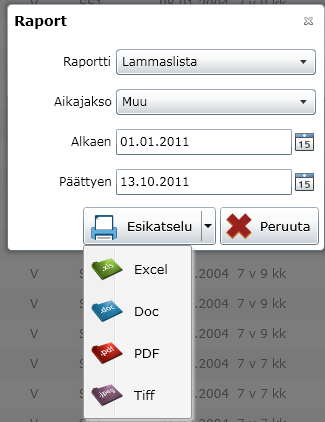 Pässikortti Polveutumistodistus Sukutodistus (neuvojat) Raportit on mahdollista tallentaa tiedostoina käyttäjän koneelle: Excel Microsoft Excel dokumentti; Doc Microsoft Word dokumentti; PDF Portable