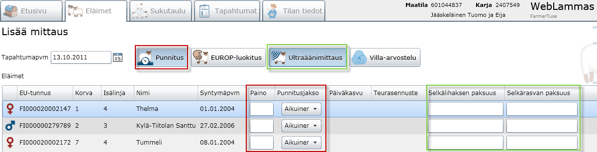 Tapahtumapäivämäärä ei voi olla tulevaisuudessa. Eläimen syntymäpäivä ja mittauspäivämäärä määrittävät, mitä punnituksia tarjotaan punnitusjaksossa käyttäjälle oletuksena.