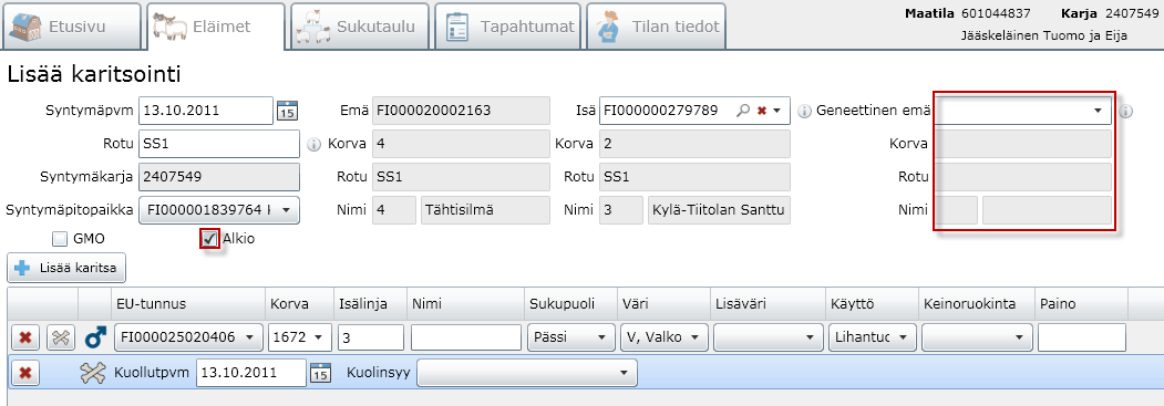 karitsan korvanumero (valitaan listalta tai annetaan, jolloin EU-tunnus muuttuu korvanumeron mukaan) isälinja (päätellään isän isälinjasta) nimi (syötetään) sukupuoli (valintalistalta valitaan oikea)