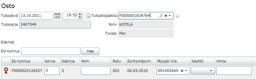 Lisää ostotapahtuma Käyttäjän on tiedettävä ostamansa eläimen EU-tunnus, jotta voi tehdä ostoilmoituksen Eviran eläinrekisteriin.