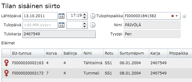 Lisää siirtotapahtuma Käyttäjä on valinnut siirrettävät eläimet eläinlistauksessa. Eläinten tiedot on siirretty siirtonäytölle. Siirron voi tehdä yhdelle tai useammalle eläimelle samalla kertaa.