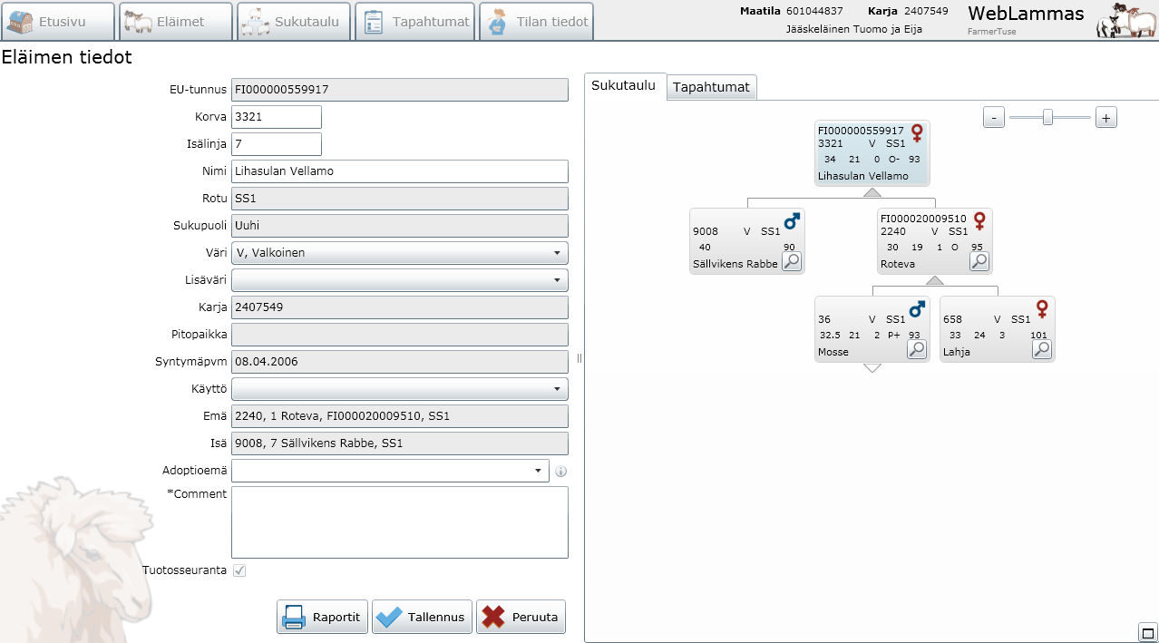 Sukupuu Eläimen tiedot näytöllä Valitun eläimen sukupuu näkyy Eläimen tiedot näytön oikealla puolella.