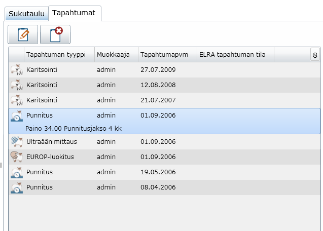 Käyttäjä saa listan eläimen tapahtumista Tapahtumat välilehdellä. Klikkaamalla tapahtumariviä listalla avautuu rivi ja näytetään tapahtumaan liittyviä tietoja.