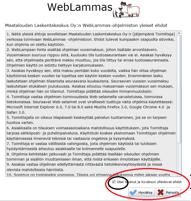 Viljelijäkäyttäjän on hyväksyttävä ensimmäisellä käyttökerralla Palvelusopimus.