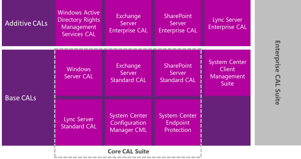 14 sional Desktop -tuotteen. Professional Desktop sisältää Core CAL -paketin, johon kuuluu myös Lync Standard CAL (Ks. Kuvio 2.). Kuvio 2. Core CAL ja Enterprise CAL (Licensing Brief, [Viitattu 6.4.2013]).