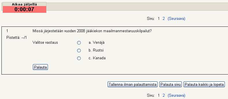 Viimeiset viisitoista sekuntia näkyy punaisella pohjalla. Kun aika loppuu, järjestelmä sulkee tenttiikkunan.