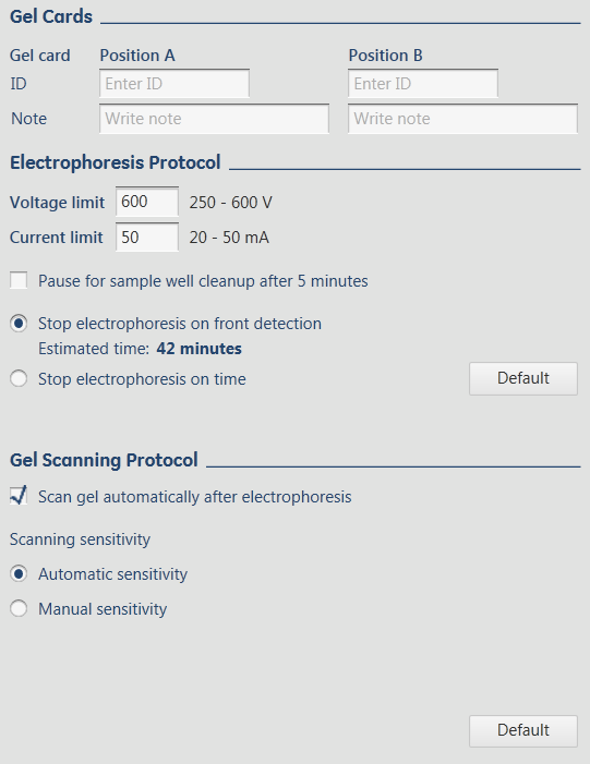 elektroforeesiin ja geelinkorttien skannaamiseen, kuten näyttökaappauksessa. Valinnainen: Valitse Pause for sample well cleanup after 5 minutes, jos käytössä on paperikampa. Osa 3.