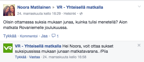 30 Palvelupolku VR:n Facebook sivuille luotiin 24.11.2014 (Kuvio 2). Ajankohta oli noin kello 16.30. VR:n palvelupolku alkoi tarpeesta kysyä yrityksen asiakaspalvelusta lisätietoa suurten matkatavaroiden kuljetuksesta.