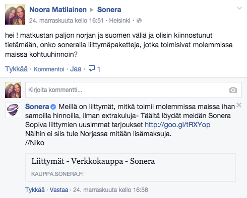 34 Palvelupolku Soneran Facebook-sivujen asiakaspalveluun toteutettiin 24.11.2014 (Kuvio 4). Ajankohta oli noin kello 16.50.