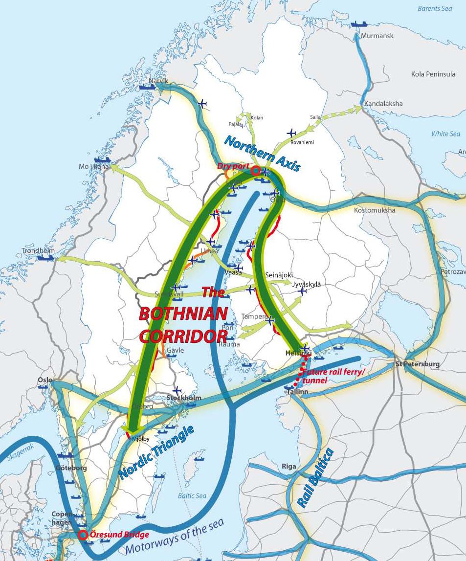 Bothnian Corridor - kehityskäytävä Suomen tärkein liikennekäytävä, joka koostuu rautateistä, maanteistä,
