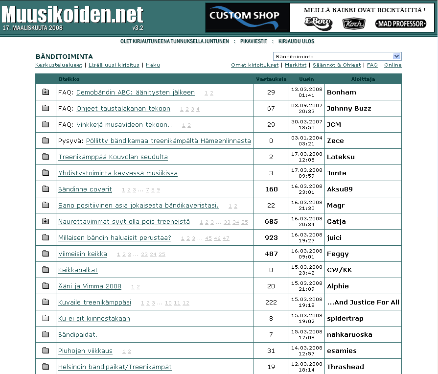 30 Kuva 3 Muusikoiden.net -foorumi (www.muusikoiden.net) 4.3 Tutkimusprosessi ja aineiston analyysi Tutkimukseen valittujen keskustelufoorumien moderaattoreiden haastattelut suoritettiin välillä 2.3.2008 24.