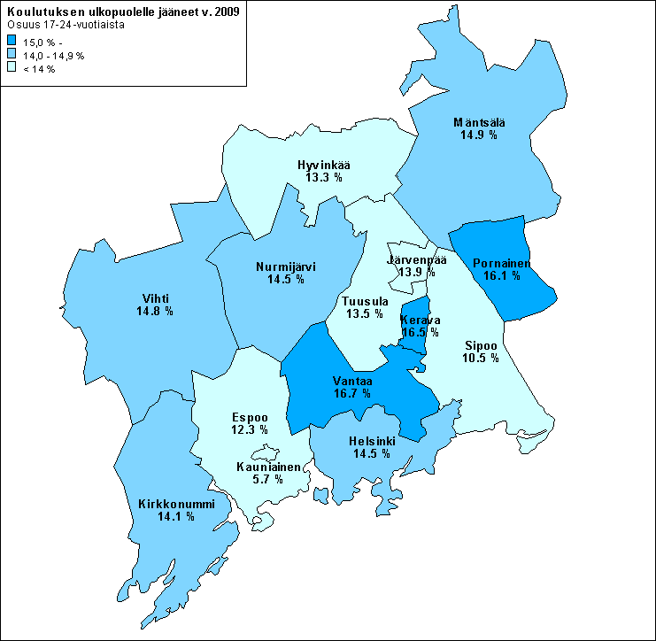 Koulutuksen ulkopuolelle jääneiden osuus 17-24 vuotiaista Helsingin seudulla v.