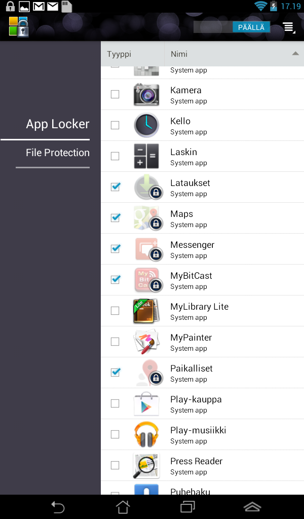 App Locker (Sovelluksen lukitus) -näyttö Napauta tätä määrittääksesi App Locker (Sovelluksen lukitus) -näytön asetukset. Siirrä liukusäädintä oikealle aktivoidaksesi sovellusluettelon.