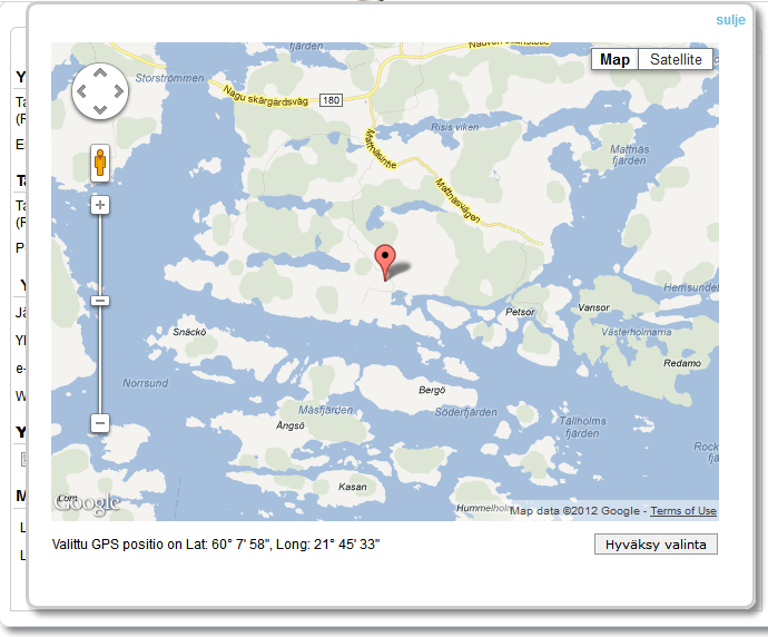 ~ 4 ~ Karttapiste Järjestelmä hyödyntää GoogleMaps palvelua. Tapahtuman karttapiste on yhä tärkeämpi ja sitä hyödynnetään monessa nettipalvelussa.
