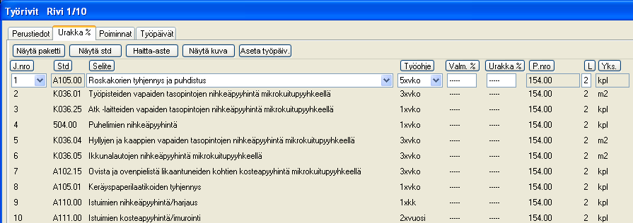 Työrivin Valm % ja Urakka % Valm.% Valmisteluaika %. Yksittäisille töille voidaan lisätä valmisteluaika % syöttämällä arvo valm % kenttään Urakka % P.nro Urakointiprosentti.
