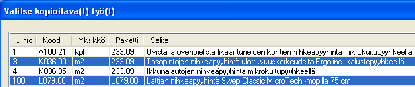 Töiden kopiointi ja standardiajan muuttaminen Kopioi työ -toiminnolla voit kopioida töitä työmäärälaskennassa samasta tai eri tilamallista.