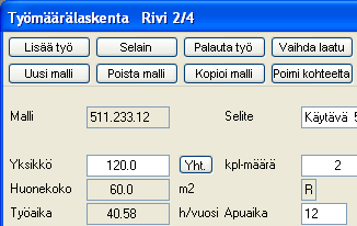 Lisää huone 2/2 Muokkaa huoneita -ruudulla voidaan ylläpitää Kustannuspaikka-, Aluenumero- sekä Lattiamateriaalitietoja.