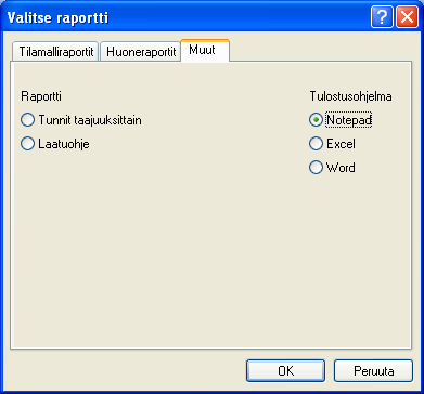 Raportit Tulostaminen Tulosta painikken takaa voit tulostaa Tilamalliraportteja, Huoneraportteja ja Muita raportteja. Tulostusohjelmana joko Notepad, Excel tai Word.