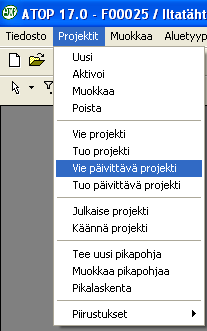 Päivittävän projektin vienti ja tuonti Päivittävän projektin vienti toiminto on tarkoitettu edistyneille käyttäjille joilla on tarve jatkaa toisen tekemää mitoitus- tai kuvaprojektia.