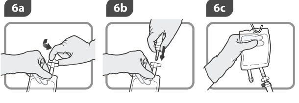 Vaihe 5 5a 5b Käännä infuusiopussi ja kiinnitä ruisku siniseen porttiin. Tyhjennä ruiskun sisältö infuusiopussiin. Poista ruisku. Sekoita varovasti infuusiopussin sisältö.
