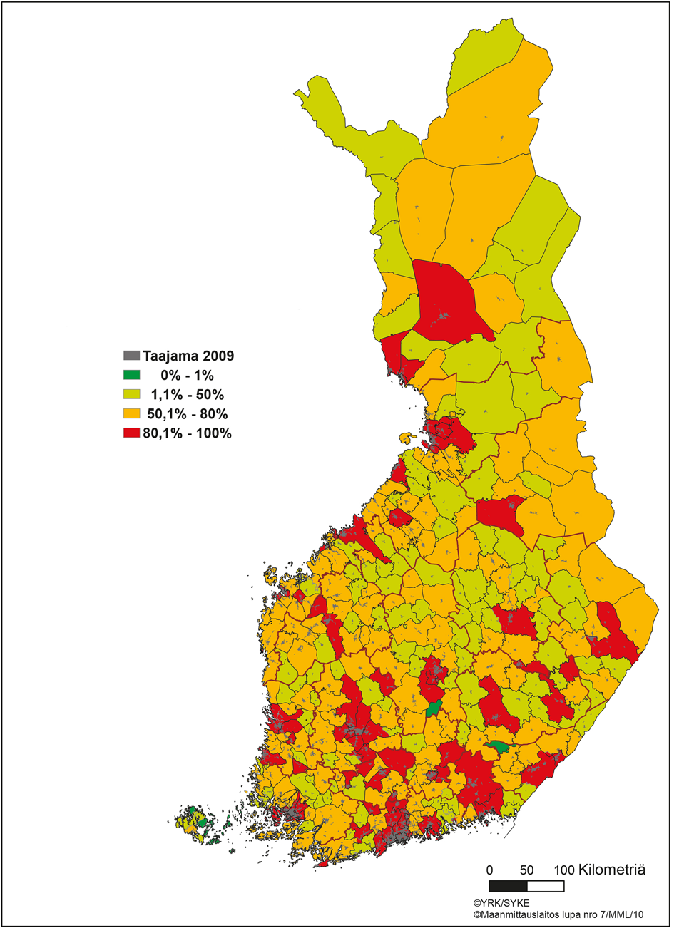 Kuva 12. Taajamaväestön osuus kunnissa vuonna 2009.