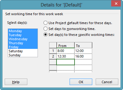 5 Kalenteriasetukset Kalenterimäärityksiä tehdään valitsemalla Project tab Properties group Change Working Time Projekti välilehti Ominaisuudet ryhmät Muuta työaikaa.