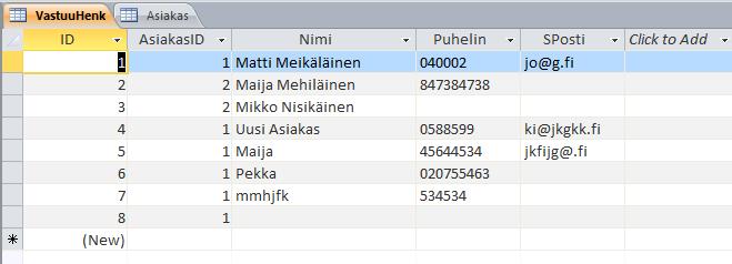 34 Kuva 6. Asiakas-taulukko. 3.3.3 Vastuuhenkilö taulukko Asiakastaulukon tekemisen jälkeen pohdimme, että jokaisella asiakasyrityksellä on oma yhteyshenkilönsä, ja että yhdellä asiakasyrityksellä