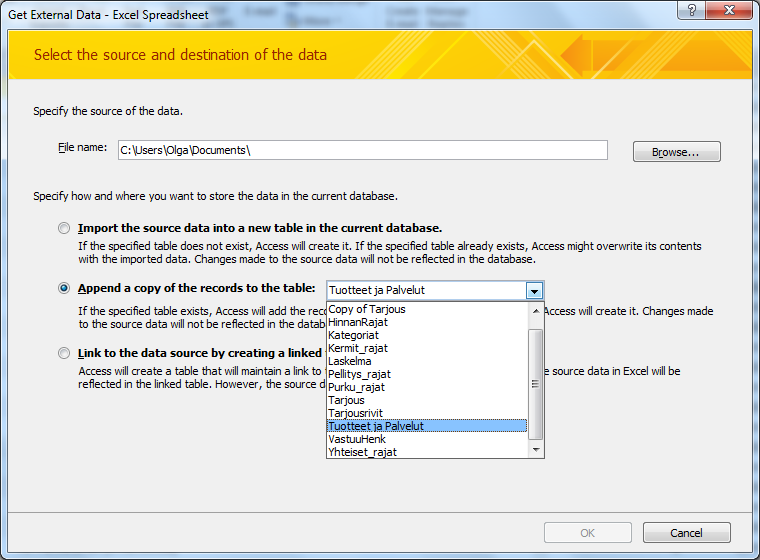 36 External Data. Tässä tapauksessa otimme tiedot MS Excelistä ja siirsimme omaan MS Access tietokantaamme. Kuva 10. Tietojen siirto määrättyyn taulukkoon. 3.3.5 Yhteydet Sen jälkeen kun saimme kaikki tarvittavat taulukot valmiiksi, teimme niiden väliset yhteydet.