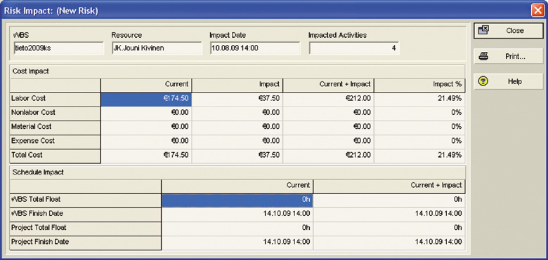 Lasketaan riskin vaikutukset painamalla Calculate Impact