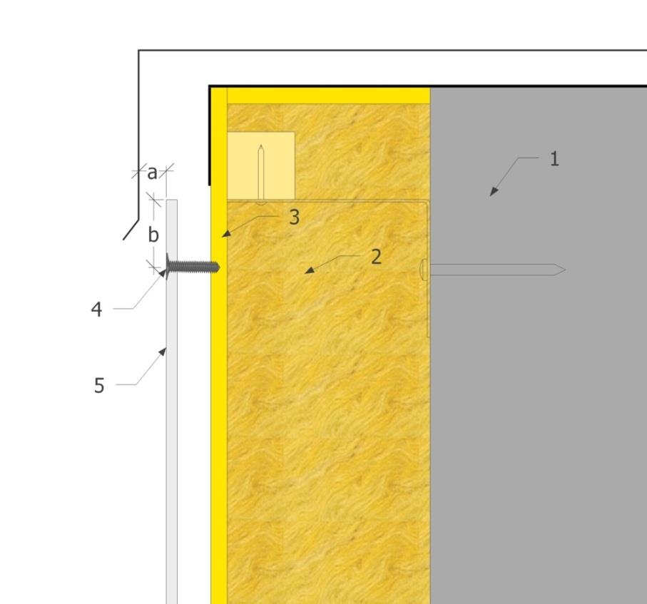 Kuva 14 : RÄYSTÄÄN PYSTYLEIKKAUS 4. Levyn kiinnitysruuvi 5. Julkisivulevy a. Tuuletusväli vähintään 20mm b.