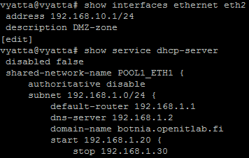 39 Kuva 20. WWW-palvelimelle ohjatut portit. 4.5.4 DHCP-asetukset Kuvassa 21 on esitetty Vyatta Core:lle asennettu DHCP-palvelin, joka jakaa intraverkkoon liitetyille laitteille IP-osoitteet.