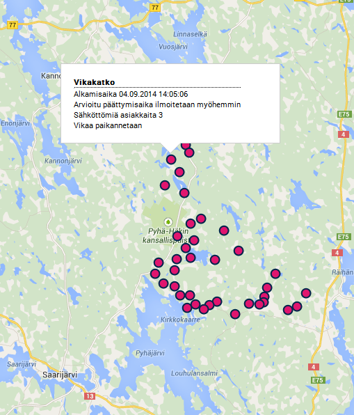 5 on esitetty häiriökartan ylin tarkastelutaso ja kuvassa 4.6 tarkemmat tasot eli kunta- ja muuntopiiritaso.