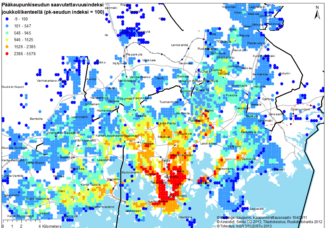 Kuva 11: Henkilöautosaavutettavuusindeksi pääkaupunkiseudulla