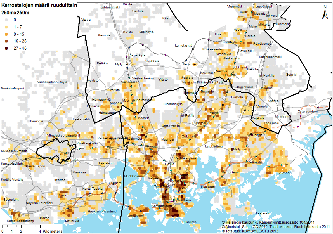 Kuva 14: Kerrostalojen määrä 250mx250m ruuduissa pääkaupunkiseudulla