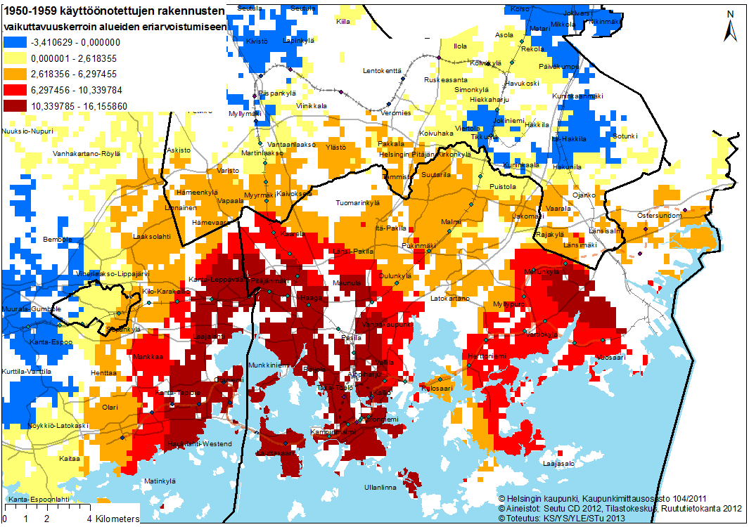 Kuva 22: 1950-luvulla käyttöönotettujen rakennusten vaikuttavuuskerroin alueiden eriarvoistumiseen pääkaupunkiseudulla 250mx250m ruuduissa 1960-luvulla käyttöönotettujen rakennusten