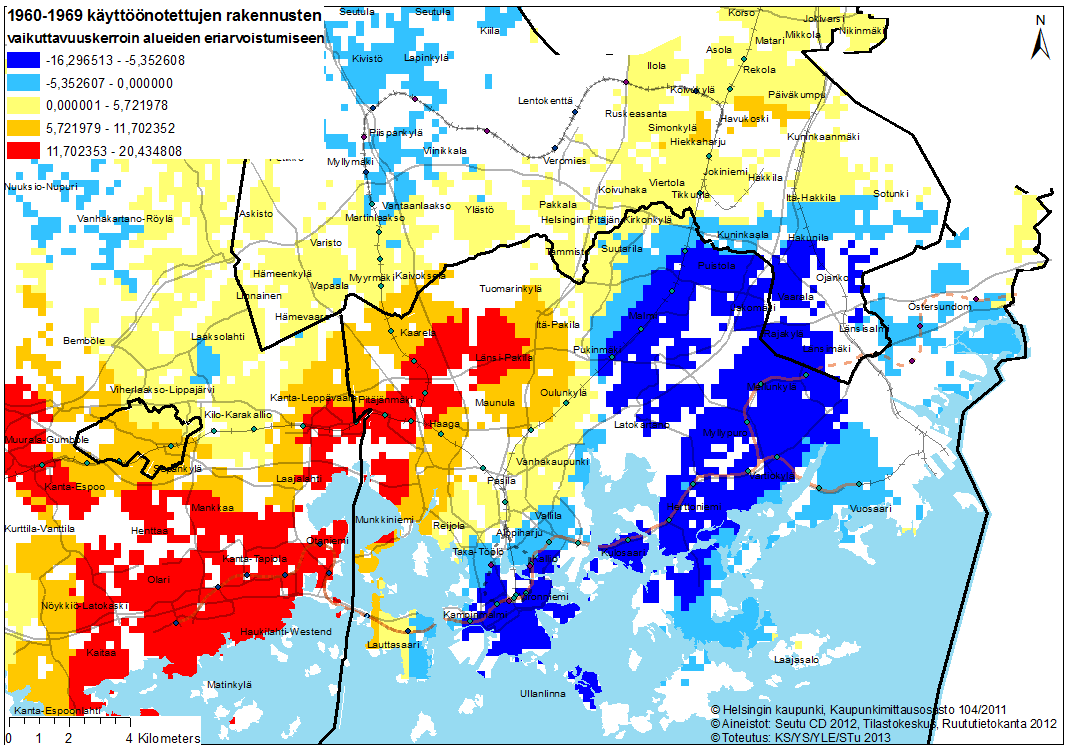 Kuva 23: 1960-luvulla käyttöönotettujen rakennusten vaikuttavuuskerroin alueiden eriarvoistumiseen pääkaupunkiseudulla 250mx250m ruuduissa Koko pääkaupunkiseudulla 1970-luvulla käyttöönotetuilla