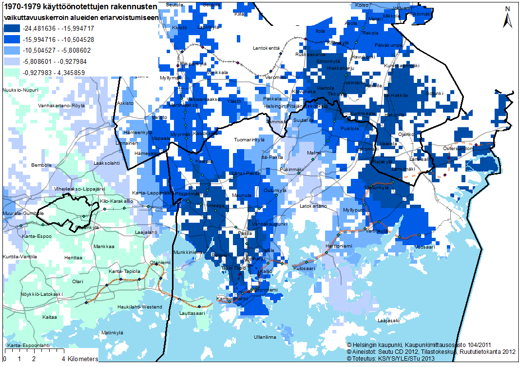 Kuva 24: 1970-luvulla käyttöönotettujen rakennusten vaikuttavuuskerroin alueiden eriarvoistumiseen pääkaupunkiseudulla 250mx250m ruuduissa 1980-luvulla käyttöönotettujen rakennusten