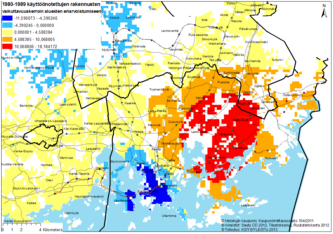 Kuva 25: 1980-luvulla käyttöönotettujen rakennusten vaikuttavuuskerroin alueiden eriarvoistumiseen pääkaupunkiseudulla 250mx250m ruuduissa Lähes koko pääkaupunkiseudulla 1990-luvulla
