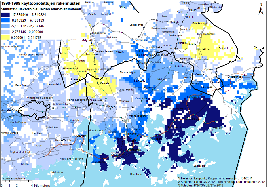 Kuva 26: 1990-luvulla käyttöönotettujen rakennusten vaikuttavuuskerroin alueiden eriarvoistumiseen pääkaupunkiseudulla 250mx250m ruuduissa Koko pääkaupunkiseudulla 2000 2009 luvun aikana