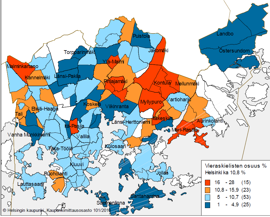 Vieraskielinen väestö osa-alueittain 1.