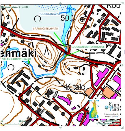 Kartta 1. Tuusulanjärven, säännöstelypadon, luusuan kosken ja Koskenmäen sillan kartoitusalueiden sijainti. Kartta 2. Myllykylänkosken kartoitusalueet.