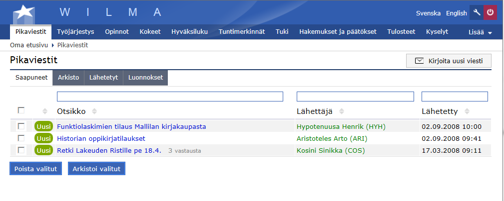 4 Pikaviestit Pikaviestit ovat Wilman sisällä kulkevia viestejä. Voit lähettää Wilman kautta viestejä koulun opettajille, henkilökunnalle, lapsesi toiselle huoltajalle tai lapselle itselleen.