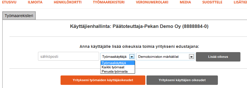 Esimerkki: Jos työmaarekisteristä on tarkoitus vain lukea kulkutietoja, ei käyttäjällä ole tuolloin syytä olla perusta uusia työmaita tunnuksia.