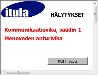 7. HÄLYTYSVALIKKO Mikäli HC-keskus havaitsee vian tai toimintahäiriön, päävalikkoon ilmestyy hälytyssymboli ja äänimerkki aktivoituu, mikäli se on asetettu asetusvalikossa aktiiviseksi.