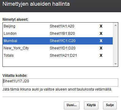 Toimintaohjeet 1. Valitse vaihtoehdot Lisää > Nimetty alue > Nimettyjen alueiden hallinta. 2. Saat nimetyn alueen sijainnin näkyviin napsauttamalla alueen nimeä.