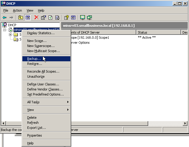 DHCP-palvelimen varmuuskopiointi voidaan luoda DHCP hallintakonsolista, joka löytyy palvelimen hallintavalikosta.