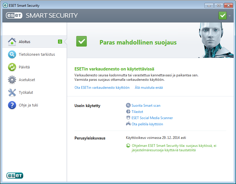 kaksoisnapsauta Windows-ilmaisinalueella olevaa tuotteen ESET Smart Security kuvaketta. Käyttöliittymä Aloitus-osio ilmoittaa tietokoneen senhetkisen tietoturvan ja suojauksen tason.