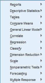 Muuttujien välisten yhteyksien tutkiminen SPSS-ohjelmalla Seuraavasta valikosta löytyvät tavallisimmat SPSS-komennot, joiden avulla tutkitaan muuttujien välisiä yhteyksiä.